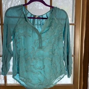 Blue top with embroidered detail, long sleeve, XS
